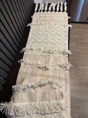 New! Anthropologie Cream Woven Fringe Table Runner